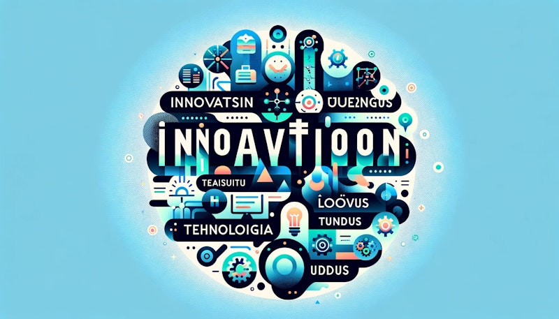 Modern ve teknolojik bir arka plana sahip, kare biçiminde bir görsel. Arka plan mavi ve yeşil tonlarında, soyut teknoloji desenleri içeriyor. Görselin üzerinde büyük ve kalın yazılarla Estonca inovasyon ve yenilikçilik terimleri yer alıyor. Bu terimler arasında "Innovatsioon" (İnovasyon), "Teadusuuringud" (Araştırma), "Loovus" (Yaratıcılık), "Tehnoloogia" (Teknoloji) ve "Uuendus" (Yenilik) bulunuyor. Her bir terim, kavramı temsil eden bir simgeyle birlikte görselleştirilmiş. Tasarım, temiz, çağdaş ve görsel olarak çekici bir şekilde hazırlanmış olup, eğitim veya profesyonel bir ortam için uygun niteliktedir.