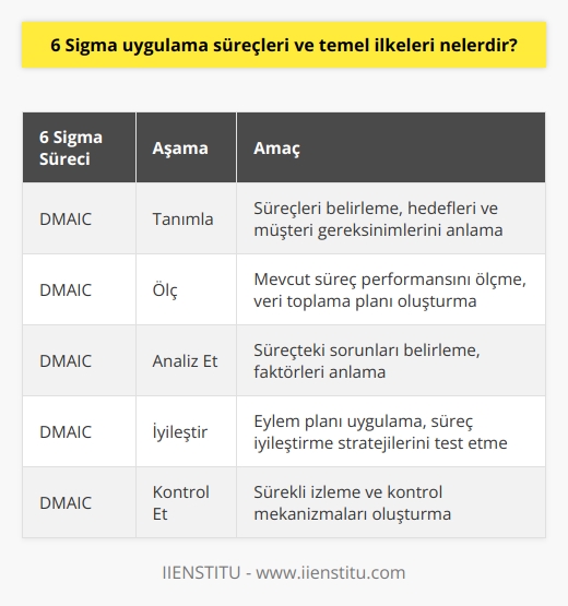 Alt Başlık: 6 Sigma Süreçleri  6 Sigma süreci, sürekli iyileştirme ve müşteri gereksinimlerini karşılamayı amaçlayan disiplinli ve veri odaklı bir yöntemdir. Uygulanması, DMAIC (Tanımla, Ölç, Analiz Et, İyileştir ve Kontrol Et) adlı beş aşamadan oluşur. İlk aşama, Tanımla adını verdiğimiz süreçleri belirlemeyi, hedefleri ve müşteri gereksinimlerini anlamayı amaçlamaktadır. İkinci aşama olan Ölç, mevcut süreç performansını ölçmek ve süreçten toplanacak veriyi analiz etmek için orijinal veri toplama planını oluşturmayı hedefler. Üçüncü aşama olan Analiz Et, ölçüm sonuçlarını kullanarak süreçteki sorunları belirlemeyi, sürecin derinlemesine analizini gerçekleştirerek hangi faktörlerin değişikliğe neden olduğunu anlamaktır. Dördüncü aşama İyileştir, süreçteki sorunları çözmek için eylem planını uygulamak ve süreç iyileştirme stratejilerini test etmeyi içerir. Son aşama olan Kontrol Et, iyileştirilmiş sürecin sürdürülebilirliğini sağlamak için sürekli izleme ve kontrol mekanizmalarını oluşturmaktır.  Alt Başlık: 6 Sigma Temel İlkeleri  6 Sigmanın temel ilkeleri şunlardır:   , süreç analizi ve yönetimi, işbirliği, sürekli iyileştirme, veri odaklı karar verme ve son olarak sürekli öğrenme. , müşteri beklentilerini ve ihtiyaçlarını tam olarak anlayarak ürün ve hizmetlerin geliştirilmesinde ve iyileştirilmesinde temel etmendir. Süreç analizi ve yönetimi, süreçlerin etkinliğini ve verimliliğini geliştirmeye ve süreçteki değişikliklerin etkilerini anlamaya yöneliktir. İşbirliği, çapraz-fonksiyonel takımların süreç iyileştirme projelerinde birlikte çalışarak başarıya ulaşmasına önemli katkısı olan unsurdur.  Sürekli iyileştirme, süreçlerde iyileştirme ve mükemmeliyet düşüncesini devamlı kılmaya odaklanır. Veri odaklı karar verme, 6 Sigmanın temelinde yatan bir diğer prensiptir ve süreçlerin analizinde ve iyileştirilmesinde verilere dayalı seçimler yapılmasını vurgular. Son olarak, sürekli öğrenme, örgütün süreç mükemmeliyetini sağlamak için gerekli bilgi ve becerileri sürekli olarak kazanması ve geliştirmesini gerektirir.   Sonuç olarak, 6 Sigma uygulama süreçlerini ve temel ilkelerini anlamak, başarılı ve etkili bir 6 Sigma uygulaması için önemli bir unsurdur.