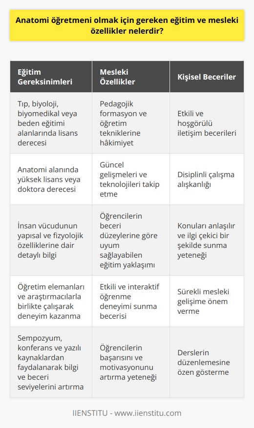 Anatomi Öğretmeni Olmak İçin Gereken Eğitim  Anatomi öğretmeni olmak isteyen kişilerin öncelikle üniversitede tıp, biyoloji, biyomedikal veya beden eğitimi gibi ilgili alanlarda lisans düzeyinde eğitim alması gerekmektedir. Bu eğitim sürecinde öğrenciler, insan vücudunun yapısal ve fizyolojik özelliklerini detaylı olarak öğrenirler. Lisans eğitiminin ardından, anatomi alanında uzmanlaşmak isteyenler yüksek lisans ve doktora dereceleri elde etmelidir. Bu süreçte öğretim elemanları ve araştırmacılarla birliktr çalışarak daha fazla deneyim ve bilgi birikimi kazanırlar.  Mesleki Özellikler ve Yetkinlikler  Anatomi öğretmeni olmak için bireylerin sahip olması gereken mesleki özellikler arasında pedagojik formasyon ve öğretim tekniklerine hakim olma önemli bir yer tutar. Öğrencilere anatomi öğretirken,   ni dikkate alan ve öğrencilerin beceri düzeylerine göre uyum sağlayabilen bir eğitim yaklaşımı sergilemek oldukça önemlidir. Ayrıca, öğretmenlerin güncel gelişmeler ve teknolojileri takip etmeleri de gerekir. Bu sayede öğrencilere daha etkili ve interaktif bir öğrenme deneyimi sunabilirler.  İletişim ve Organizasyon Becerileri  İyi bir anatomi öğretmeni, öğrenciler ve meslektaşlar ile etkili ve hoşgörülü bir iletişim kurabilmelidir. Öğrencilere anlaşılır ve ilgi çekici bir şekilde konuları sunarak onların başarısını ve motivasyonunu artırır. Aynı zamanda, öğretmenler disiplinli çalışma alışkanlığına sahip olmalı ve derslerinin düzenlemesine özen göstermelidir.   Sürekli Mesleki Gelişim  Anatomi öğretmenlerinin başarılı bir kariyer sürdürebilmeleri için sürekli mesleki gelişime önem vermeleri gerekmektedir. Bu amaca hizmet eden sempozyum, konferans ve yazılı kaynaklardan faydalanarak bilgi ve beceri seviyelerini artırabilirler. Böylece, öğrencilere en iyi öğrenme deneyimini sunarak ve hizmet verdikleri alanlarda başarılı sonuçlar elde ederek mezun olan öğrencilerin iş bulma oranlarını ve akademik başarılarını önemli ölçüde etkileyebilirler.