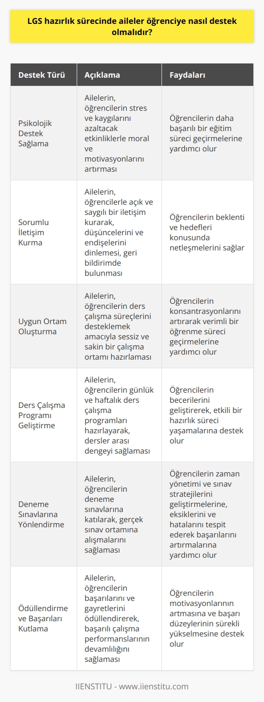 Psikolojik Destek Sağlama  LGS hazırlık sürecinde aileler, öncelikle öğrencilere psikolojik destek sağlayarak başarılı bir eğitim süreci oluşturabilirler. Bu kapsamda aileler, öğrencilerin stres ve kaygılarını azaltacak etkinliklerle, moral ve motivasyonlarını artırarak yardımcı olmalıdır.  Sorumlu İletişim Kurma  Aileler, öğrencilerle açık ve saygılı bir iletişim kurarak dikkat ve önemle yaklaşmalıdır. Ayrıca öğrencilerin düşüncelerini, endişelerini dinlemeli, anlaşılır ve uygun bir dille geri bildirimde bulunarak, beklenti ve hedefleri konusunda netleşmelerini sağlamalıdır.  Uygun Ortam Oluşturma  Öğrencilerin ders çalışma süreçlerini desteklemek amacıyla aileler, sessiz ve sakin bir çalışma ortamı hazırlayarak, düzenli çalışma alışkanlıkları edinmelerine yardımcı olmalıdır. Bu sayede öğrenciler, konsantrasyonlarını artırarak verimli bir öğrenme süreci geçirebilir.  Ders Çalışma Programı Geliştirme  Aileler, öğrencilerin ders ve sınav başarılarını desteklemek adına, günlük ve haftalık ders çalışma programları hazırlayarak, dersler arası dengeyi sağlamalıdır. Bu programlar sayesinde öğrenciler,    becerilerini geliştirerek, etkili bir hazırlık süreci yaşayabilir.  Deneme Sınavlarına Yönlendirme  Aileler, öğrencilerin deneme sınavlarına katılarak, gerçek sınav ortamına alışmalarını sağlamalıdır. Deneme sınavları sayesinde, öğrenciler zaman yönetimi ve sınav stratejilerini geliştirirken, eksiklerini ve hatalarını tespit ederek, başarılarını artırmaya yönlendirilmelidir.  Ödüllendirme ve Başarıları Kutlama  Aileler, öğrencilerin başarılarını ve gayretlerini ödüllendirerek, başarılı çalışma performanslarının devamlılığını sağlamalıdır. Öğrencilerin başarılı olduğu anlarda, ailelerin takdir ve tebrik etmeleri, öğrencilerin motivasyonlarının artmasına ve başarı düzeylerinin sürekli yükselmesine destek olacaktır.