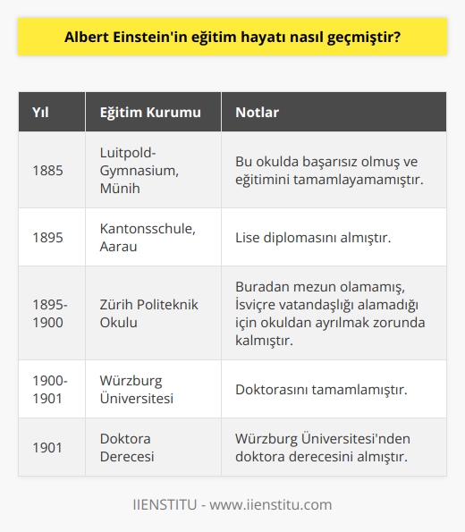 Albert Einstein, 1879 yılında İsviçrenin Ulm kentinde doğdu. Babasının işi nedeniyle 1885 yılında Münihe taşınan Einstein, Münihteki Luitpold-Gymnasiumda eğitim gördü. Ancak bu okulda başarısız olmuş ve eğitimini tamamlamamıştır. Daha sonra babasının işi nedeniyle Aaraudaki Kantonsschulede okudu ve 1895 yılında lise diplomasını aldı. Daha sonra Zürih Polytechnik Okulunda    eğitimi gördü. Ancak buradan da mezun olmadı. İsviçre vatandaşlığı alamadığı için okuldan ayrılmak zorunda kaldı. Son olarak Würzburg Üniversitesinde okudu ve 1901 yılında doktorasını tamamladı.
