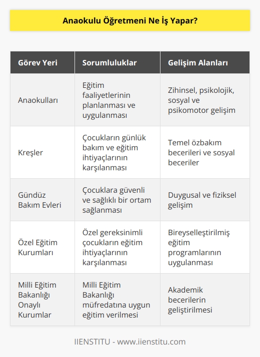 Anaokulu öğretmenleri kamu ya da Milli Eğitim Bakanlığı tarafından onaylanmış özel eğitim kurumlarında görev yapabilirler. Anaokulları, kreşler, gündüz bakım evleri çalışma alanlarıdır. Okul önceki dönemdeki çocukların zihinsel, psikolojik, sosyal ve psikomotor gelişimleri için eğitim faaliyetlerinin planlanması ve uygulamasından sorumludurlar.
