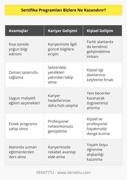 Zamanı olmayanlar veya tasarruf etmek isteyenler için daha kısa sürede birçok bilgiyle donatılabileceğiniz    çok avantajlıdır. Sadece kariyerinizle ilgili değil farklı alanlarda da istediğiniz programlara katılabiliyor olmanız kişisel gelişiminiz için olumlu yönde olacaktır.  sizin güncel yenilikleri takip etmenizi kolaylaştırarak kariyerinizde geriye düşmenize izin vermez.