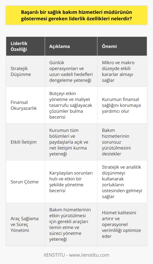 Başarılı bir sağlık bakım hizmetleri müdürünün göstermesi gereken   nin başında, stratejik düşünme yeteneği geliyor. Müdür, hem günlük operasyonları, hem de kurumun uzun vadeli hedeflerini aynı anda dengeleyebilmelidir. Bu, hem mikro, hem de makro düzeyde kararlar alabilme kabiliyetini gerektirir. Ayrıca, bakım hizmetlerinin etkin bir şekilde yürütülmesi için gerekli araçları sağlama ve bu süreci etkin bir şekilde yönetme yeteneği de önem taşır.   Başarılı bir müdür, kendisine sağlanan bütçenin çerçevesinde yer alacak stratejik kararları alabilecek kadar finansal okuryazar olmalıdır. Bütçeyi efektif bir şekilde yönetmeli, gerektiğinde maliyet tasarrufu sağlayacak çözümler bulabilmelidir. Bu, hem teknik bilgi ve beceriye, hem de liderlik yeteneklerine dayalı bir görevdir.   Ayrıca, bakım hizmetleri müdürünün, kurumun tüm bölümleri ile etkin bir şekilde iletişim kurabilme becerisi de olmalıdır. Tüm paydaşlarla kurulan etkin iletişim, bakım hizmetlerinin sorunsuz bir şekilde yürütülmesine katkı sağlar. Bir başka önemli liderlik özelliği ise sorun çözme yeteneğidir. Bir bakım müdürü, karşılaşılan sorunları hızlı ve etkin bir şekilde yönetebilmeli, bu süreçte stratejik ve analitik düşünme yeteneğini kullanabilmelidir.   Sonuç olarak, başarılı bir sağlık bakım hizmetleri müdürü; stratejik düşünme, etkin iletişim,    ve sorun çözme yeteneklerine sahip olmalıdır. Bu yetenekler, müdürün hem kısa hem de uzun vadeli hedeflere ulaşmasında ve bakım hizmetlerinin etkin bir şekilde yönetilmesinde kritik öneme sahiptir.