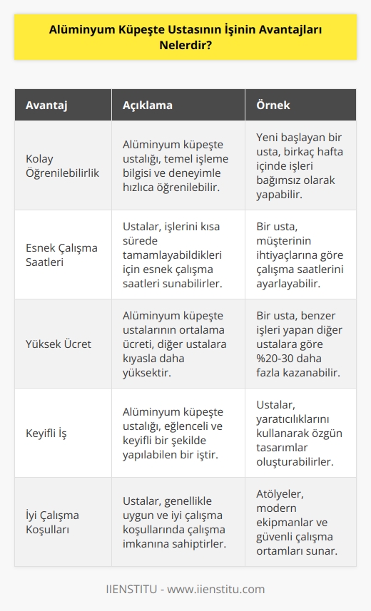 1. İşin çok kolay ve hızlı öğrenilebilir olması: Alüminyum küpeşte ustasının işi, genellikle sadece temel işleme bilgisine ve tecrübeye ihtiyaç duyulduğu için çok kolay ve hızlı öğrenilebilir.  2. Esnek çalışma saatleri: Alüminyum küpeşte ustaları genellikle işlerini çok fazla zaman harcamadan tamamlayabildikleri için esnek çalışma saatleri sunmaktadırlar.  3. İyi ücret: Alüminyum küpeşte ustalarının ortalama ücreti, diğer ustaların ücretlerinden oldukça yüksektir.  4. İşin zevkli olması: Alüminyum küpeşte ustasının işi, çoğu zaman eğlenceli ve keyifli bir şekilde yapılabildiği için zevkli bir iştir.  5. Uygun çalışma koşulları: Alüminyum küpeşte ustalarının çalışma koşulları çoğu zaman oldukça iyi ve uygun koşullarda çalışma imkanı sunmaktadır.