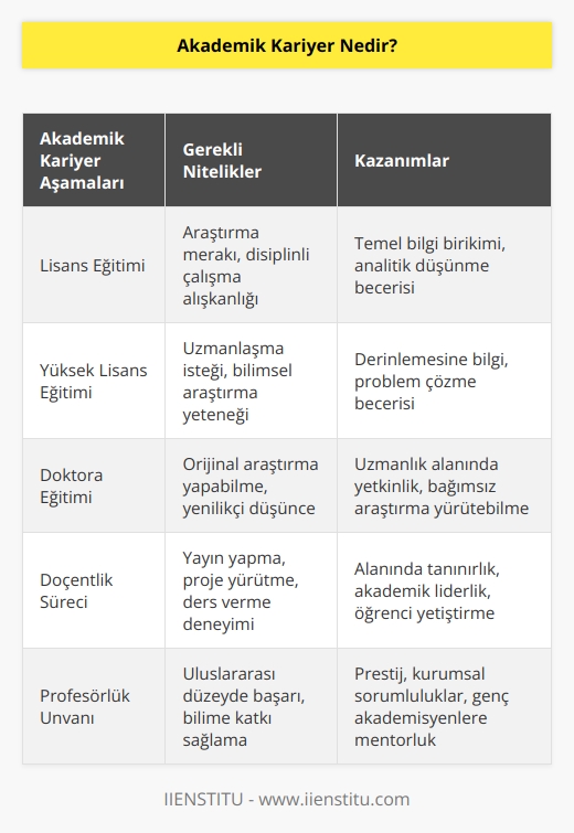 Kariyer süreci içerisinde adlandırılır. Bu kariyer sürecinde amaç   tır. Akademik kariyerde akademisyen olup bilimle ilgilenmek,   ,    yazmak, sürekli öğrenme durumunda olmaktır.