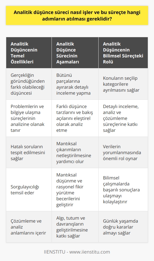 Sürecinin İşleyişi  , kelime anlamı olarak çözümleme ve analiz anlamlarını içerir ve sorgulayıcılığı temsil eder.  sürecinin temelinde, gerçekliğin görünenden bağımsız olduğu ve hiçbir şeyin göründüğü gibi olmadığı düşüncesi yer alır. Bu perspektif, problemlerin ve doğru bilgilere ulaşma süreçlerinin analizine ve hatalı soruların tespit edilmesine olanak sağlar.  Sürecin İçerdiği Adımlar   süreci, bütünü parçalarına ayırarak detaylara ve tahlillere dayalı çalışmaların yapılmasını içerir. Bu çalışmalar, hedefe ulaşma süreci boyunca amaç, yöntem ve ilgi duyulan alanların çeşitliliğini ortaya çıkarır. Farklı düşünce tarzları ve bakış açılarının eleştirel çerçevede analiz edilmesi,  sürecinin önemini kavramamızı sağlar.  Parçaların analizi ve detaylı incelemeler, bulanık sonuçların ve farklı anlamalara gelebilecek kelimelerin birbirine karışmasını engeller ve mantıksal kestirimlerin netleştirilmesine katkı sağlar. Bu süreç, insanların mantıksal fikir yürütme ve rasyonel düşünme becerilerini artırarak algı, tutum ve davranışlarının geliştirilmesini sağlar.   ve Bilimsel Süreç  İnsan zekası ve yaratıcılığı, her dönemde yaşanan olumsuzluklar ve problemler karşısında gerçeğe ve doğru bilgilere ulaşmayı amaçlamıştır. Bu süreçte bilim, insan hayatının kalitesini artıran ve yaşamı kolaylaştıran icatlar ve keşiflere öncülük etmiştir. , bilimin temelini oluşturan ve bu bağlamda bilimsel süreçlerin işleyişine katkılar sağlayan yöntem ve kavramların üzerinde yoğunlaşır.  Bilimsel süreçte, analitiğin önemli bir rol üstlendiği görülmektedir. İlgili konuların seçilip kategorilere ayrılması, detaylı olarak incelenmesi, analiz edilmesi ve çözümlenip yorumlanması,  sürecinin bilime sağladığı büyük katkılarıdır.  Sonuç olarak,  süreci, problemleri çözmek ve doğru bilgilere ulaşmak için gereken sistematik düşünce yapısının geliştirilmesini sağlar. , sorgulayıcı olmayı, daha az hata yapmayı ve rasyonel kararlar alabilmeyi öğretir. Bu sürecin hem bilimsel çalışmalarda hem de günlük yaşamda başarılı sonuçlara ulaşmak için atılması gereken adımları bize göstermektedir.