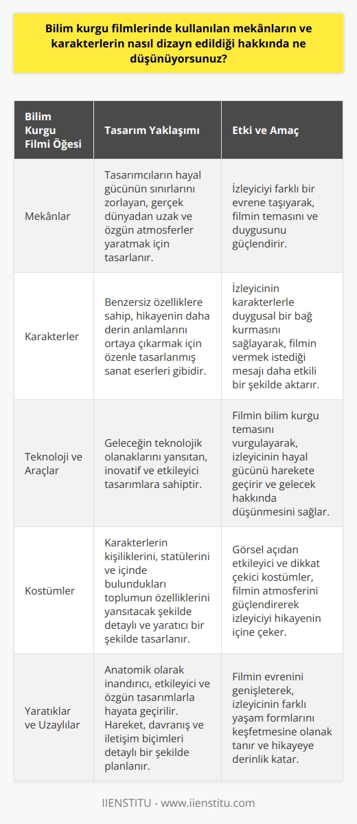 Bence bilim kurgu filmlerinde kullanılan mekânlar ve karakterler çok etkileyici ve benzersiz bir şekilde dizayn edilmişler. Mekânlar, tasarımcıların hayal gücünün çok fazla kullanıldığı, gerçek dünyadan çok uzak ve özgün bir atmosferi yaratmak için tasarlanmış güzel tasarımlara sahip. Aynı şekilde, karakterler de benzersiz özellikleri olan, hikâyenin daha derin anlamlarını ortaya çıkarmak için tasarlanmış birer sanat eserleri gibi.