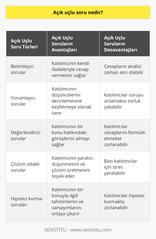 Açık uçlu soru yoruma dayalı, devamında başka soruların da sorulmasına ve kişiyi farklı açılardan ölçmeye olanak veren soru tipidir.