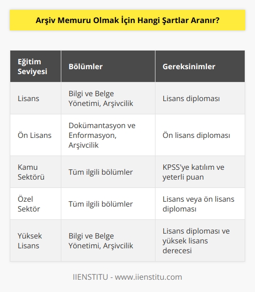 Üniversitelerde bulunan Bilgi ve Belge Yönetimi, Dokümantasyon ve   , Arşivcilik ve ilgili lisans veya ön lisans bölümlerinden mezun olmaları gerekir. Bölümlerden mezun olanlar ön lisans diploması veya lisans diploması alarak, arşiv memuru olarak çalışma imkanına sahip olurlar. Ayrıca kamu alanında çalışmalarını sürdürecek olan kişiler Kamu Personeli Seçme Sınavı’na katılarak, beklenen puan ile başvuru yapmalıdır