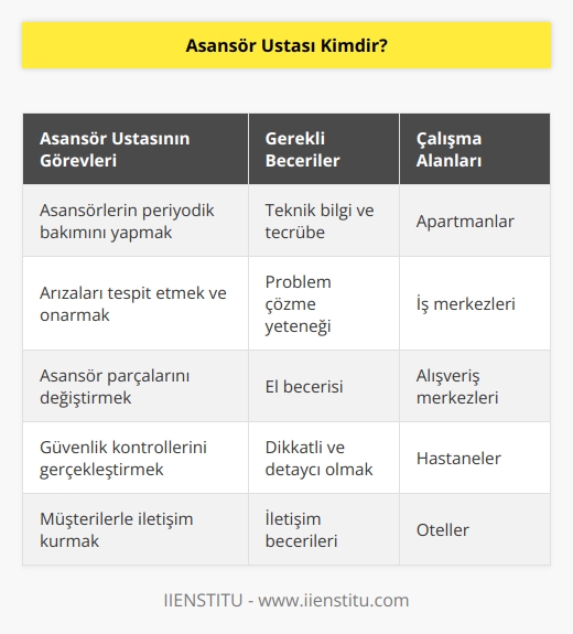 Asansör ustası apartman, günümüzde hemen hemen birçok bina ya da iş yerlerinde yer alan asansörlerin tamir ve bakım işlerini yapan kişidir. Bu işlemleri yaparken edinmiş olduğu bilgi ve tecrübeler ışığında hareket eder. Asansör ustası, çalışmalarında ihtiyacı olacak araç ve gereçleri, cihazları kullanma becerisi ve bilgisi gösteren kişidir.