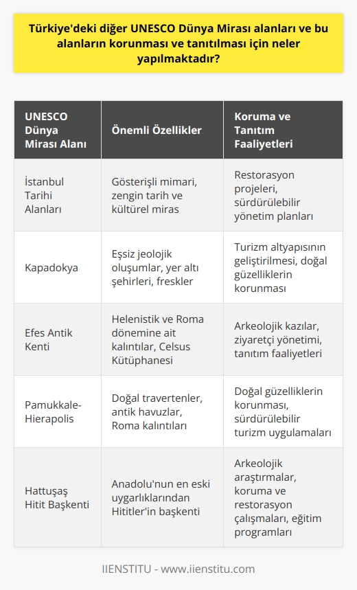 Türkiyedeki UNESCO Dünya Mirası Alanları  Türkiye, tarihi ve kültürel zenginlikleriyle büyüleyici bir ülke olup, bu değerlerini korumak ve tanıtmak amacıyla 18 UNESCO Dünya Mirası alanına ev sahipliği yapmaktadır. Bu alanlar arasında gösterişli İstanbul tarihi alanları, eşsiz Kapadokya, antik Efes, Pamukkale Hierapolis antik kenti, Bergama antik kenti ve Hattuşaş Hittit başkenti yer almaktadır.  Koruma Faaliyetleri  Bu değerli alanların korunması için devlet tarafından birçok önlem alınmaktadır. Kültür ve Turizm Bakanlığı öncülüğünde sürdürülen koruma projeleri, Dünya Mirası alanlarının fiziksel ve kültürel varlıklarının korunması ve restorasyon çalışmalarının yapılması için önemli bir desteğe dönüşmektedir. Ayrıca, bu alanları daha iyi korumak için uluslararası ve yerel organizasyonlarla işbirliği yapılmakta ve alanların sürdürülebilir yönetim planları oluşturulmaktadır.  Bilinirliğin Artırılması  Bir diğer önemli konu ise bu alanların tanıtılması ve turistik potansiyelin ortaya çıkarılmasıdır. Türkiye, UNESCO Dünya Mirası listesindeki alanların turizme katkısını artırmak için reklam ve tanıtım faaliyetleri yürütmektedir. Ayrıca, Kültür ve Turizm Bakanlığı tarafından başlatılan birçok proje ile Dünya Mirası alanlarının tanıtımına özel önem verilmektedir.  Eğitim ve Farkındalık  Dünya Mirası alanlarının korunması ve tanıtılması için yapılan çalışmalar arasında eğitim ve farkındalık faaliyetleri de büyük önem taşımaktadır. Türkiye, bu alanlara yönelik eğitim programları düzenlemekte ve öğrencilere, rehberlere ve turizm çalışanlarına yönelik bilgi ve deneyim kazandırmaktadır. Bu faaliyetlerle, Türkiyenin kültürel ve doğal değerlerinin gelecek nesillere aktarılması ve korunması amaçlanmaktadır.  Sonuç olarak, Türkiyedeki UNESCO Dünya Mirası alanlarının korunması ve tanıtılması adına devlet ve özel sektörün ortak çabalarıyla önemli projeler yürütülmektedir. Tüm bu çalışmalar, ülkenin tarihi ve kültürel değerlerinin gelecek nesillere aktarılmasını sağlayarak Türkiye turizminin sağlıklı bir şekilde gelişmesine büyük katkılar sunmaktadır.