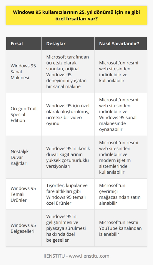 Windows 95 kullanıcılarının 25. yıl dönümü için özel fırsatları, Microsoft tarafından Windows 95in ücretsiz bir sanal makinesi olarak sunulmasıdır. Bir parça nostalji için, Microsoft kullanıcıların kendileri gibi eski bir Windows 95 deneyimine sahip olmalarını sağlamak için bu sanal makineyi sunuyor. Ayrıca, Microsoft, Windows 95 için özel olarak oluşturulmuş bir video oyunu olan  Oregon Trail Special Edition yi de ücretsiz olarak kullanıcılara sunuyor.