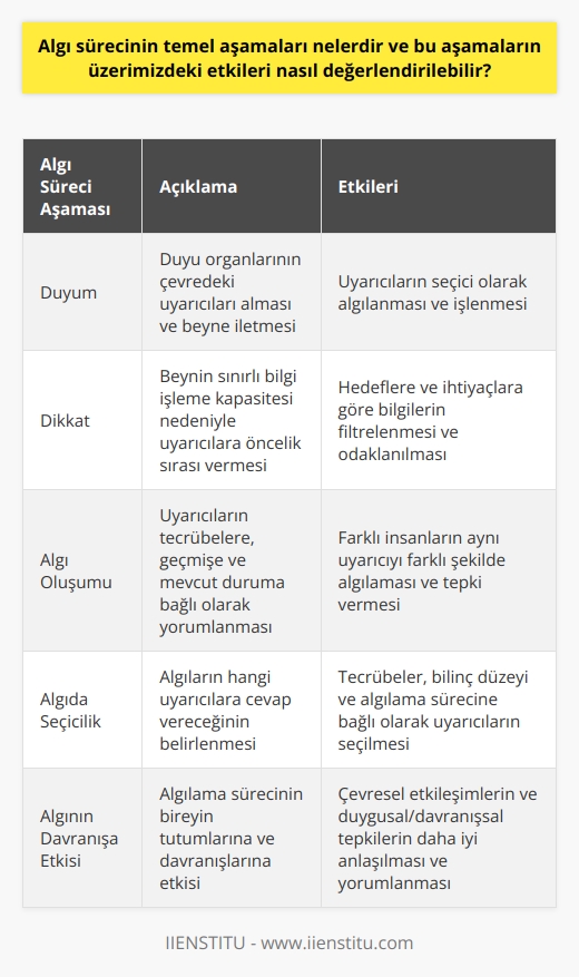 Algı sürecinin temel aşamaları ve çevresel etkileşimlerimiz  Algı sürecinin temel aşamaları, duyum, dikkat, algı oluşumu ve algıda seçicilik olarak dört ana bölüme ayrılabilir. Bu süreçteki her aşama, çevremizdeki uyarılara verdiğimiz tepkileri ve sonuçta oluşan tutum ve davranışlarımızı etkiler.  Duyum aşamasında, duyu organlarımız çevremizdeki objelerden, ışıktan, seslerden ve şekillerden yansıyan enerjiyi algılar. Bu enerji, seçici bir şekilde duyu organlarımız tarafından alınır ve beyne iletilir. Dikkat aşamasında ise beyin, bilgi işleme kapasitesinin sınırlı olması nedeniyle alınan bilgilere öncelik sırası verir. Beyin, mevcut hedeflerimize veya ihtiyaçlarımıza göre bilgileri filtreler ve hangi bilgilere dikkat edeceğimize karar verir.   Duyum ve dikkat aşamalarından sonra oluşan algı oluşumu aşamasında ise, alınan uyarıcılar, kişinin tecrübelerine, geçmişine ve mevcut durumuna bağlı olarak beyinde yorumlanır ve algı oluşturulur. Son aşamada, algıda seçicilikle, algılarımızın hangi uyarıcılara cevap vereceği belirlenir. Kişinin tecrübeleri, bilinç düzeyi ve algılama süreci çerçevesinde etrafındaki uyarıcıları seçer.  Bu süreç, farklı insanların aynı durumu veya uyarıcıyı farklı bir şekilde algılarını ve farklı tepkiler vermesini açıklar. Örneğin, bir yetişkin ile bir çocuk aynı portakalı görse bile, yetişkin bu objeyi bir meyve olarak algılarken, çocuk bu objeyi bir oyun oynağı olarak algılayabilir.  Kişinin algı süreci ve beyindeki bilgi işleme kapasitesi, algının oluşmasında ve sonraki tepki ve davranışların belirlenmesinde belirleyici olur. Algı süreci ve algılamanın bireyin davranışlarına etkisi üzerine yapılan araştırmalar, bireyin çevreyle etkileşimini ve bu etkileşimin bireyin tutum ve davranışlarını nasıl etkilediğini daha iyi anlamamızı sağlar. Algılama sürecinin anlaşılması, insanların duygusal ve davranışsal tepkilerinin ve tutumlarının daha iyi anlaşılmasına ve yorumlanmasına yardımcı olabilir.   Sonuç olarak, algılama süreci, çevremizdeki uyarıcıları anlamamızı, yorumlamamızı ve bu uyarıcılara tepki vermemizi sağlar. Algı sürecindeki her aşama, bireyin tutumlarına ve davranışlarına etki eder ve bireyin çevresel etkileşimlerini belirler.   Kaynak: PSİKOLOJİ, İskender, Saygın., Psikoloji Dergisi, Türk Psikoloji Derneği, 2005.