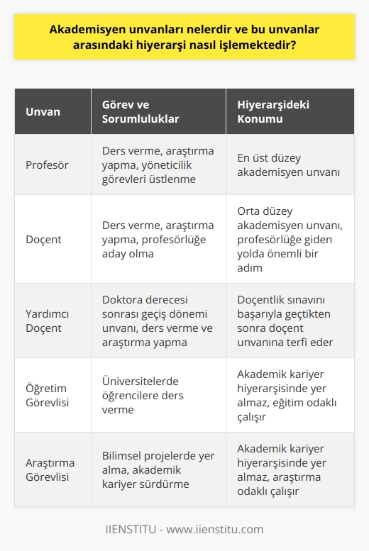 Öğretim Görevlileri ve Araştırma Görevlileri  Akademisyen unvanları içerisinde öğretim ve araştırma görevlileri bulunur. Öğretim görevlileri, üniversitelerde öğrencilere ders verirken, araştırma görevlileri ise bilimsel projelerde yer alarak akademik kariyerlerini sürdürürler.  Öğretim Üyeleri ve Doçentlik  Öğretim üyeleri, üniversitelerde profesör ve doçent unvanlarını taşıyan akademisyenlerdir. Profesör unvanı, en üst düzeydeki akademisyenler arasında yer alır, genellikle yönetici görevleri üstlenirler ve alanlarında tecrübeli ve bilgili kabul edilirler. Doçent ise orta düzey bir akademisyen unvanıdır ve profesörlüğe giden yolda önemli bir konumda bulunur.  Yardımcı Doçentlik ve Doktor Öğretim Üyeleri  Yardımcı doçentlik, doktora derecesine sahip olanlar için düşünülmüş bir geçiş dönemi unvanıdır. Bu unvan, doktora derecesini tamamlamış ve bir üniversitede öğretim üyeliğine aday olan kişiler tarafından kullanılır. Doçentlik sınavını başarıyla geçen yardımcı doçentler terfi eder ve doçent unvanını kazanırlar.  Sözleşmeli Öğretim Elemanları  Akademisyen unvanları arasında, üniversiteler ve yüksekokullarda ders vermek üzere özel sözleşmelerle görevlendirilen sözleşmeli öğretim elemanları da bulunur. Genellikle yarı zamanlı çalışan ve akademik kariyerle ilgili terfi hedeflemeyen bu kişiler, üniversitenin ihtiyaç duyduğu alanlarda ders verir ve öğrencilere rehberlik eder.  Hiyerarşi ve İşleyiş  Akademik unvanlar arasındaki hiyerarşi genellikle profesör, doçent, yardımcı doçent ve    şeklinde işlemektedir. Bu hiyerarşi, bilgi ve deneyim birikimine göre şekillenir ve üniversite yönetimi tarafından atanır. Üst düzey akademisyenler, bilgi birikimi ve uzmanlıklarını kullanarak hem eğitim hem de araştırma alanında çalışmalarını sürdürürken, alt kademelerdeki öğretim elemanları ise özellikle eğitim ve bilgi aktarımına odaklanır. Bu yapı, akademik dünyada sürekli öğrenme ve gelişmeyi destekleyen bir atmosfer yaratır.