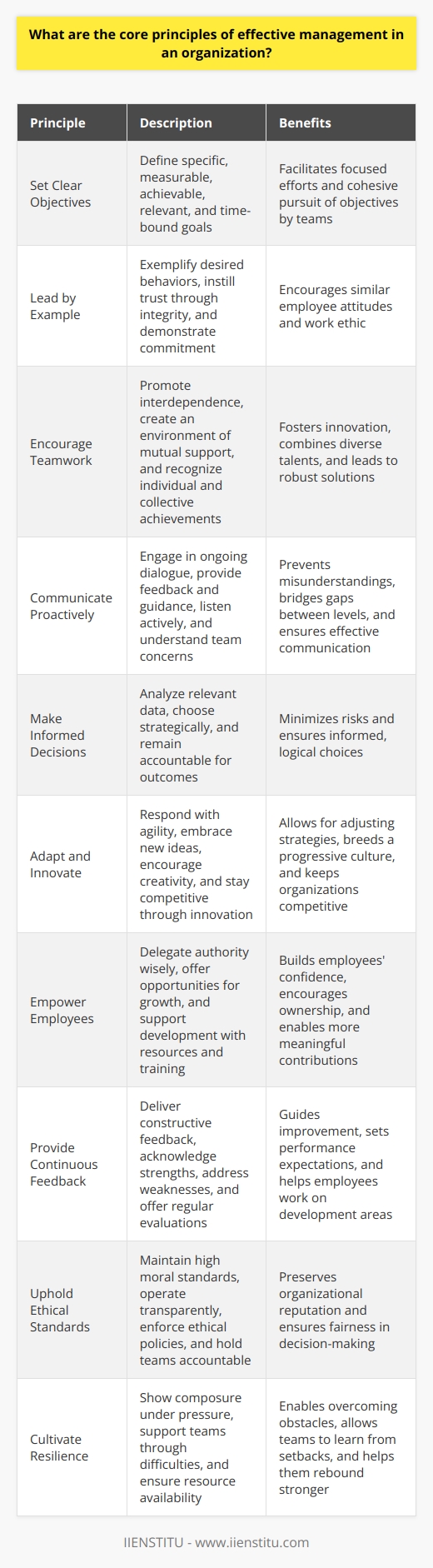 Effective Management Principles Effective management underpins thriving organizations. It encompasses various domains. Strategy, leadership, and communication are key. Managers ought to embody core principles routinely. We delineate these principles succinctly here.  Set Clear Objectives Objectives guide actions. Managers must define clear goals. Transparent aims facilitate focused efforts. They entail specific, measurable, achievable, relevant, and time-bound characteristics. Managers communicate these to teams. Teams then pursue objectives cohesively.  Lead by Example Leadership is action, not position. Effective managers exemplify desired behaviors. They instill trust through integrity. Managers demonstrate commitment. This encourages similar employee attitudes. Teams mirror managerial work ethic.  Encourage Teamwork Collaboration fosters innovation. Managers should promote interdependence. They create an environment of mutual support. Here, diverse talents combine. Thus, robust solutions emerge. Managers recognize individual contributions. They also value collective achievements. Communicate Proactively Communication is foundational. Managers engage in ongoing dialogue. They provide feedback and guidance. Good communication prevents misunderstandings. It bridges gaps between levels. Managers listen actively. They understand team concerns.  Make Informed Decisions Data drives decisions. Managers depend on accurate information. They analyze relevant data. Then, they choose strategically. This approach minimizes risks. It ensures informed, logical choices. Managers remain accountable for outcomes.  Adapt and Innovate Change is constant. Managers respond with agility. They embrace new ideas. Flexibility allows for adjusting strategies. Managers encourage creativity among teams. This breeds a progressive culture. Organizations stay competitive through innovation. Empower Employees Empowerment boosts morale. Managers delegate authority wisely. They offer opportunities for growth. This builds employees confidence. Empowered individuals take ownership. They contribute more meaningfully. Managers support development. They offer resources and training. Provide Continuous Feedback Feedback is essential. It guides improvement. Managers deliver it constructively. They acknowledge strengths and address weaknesses. Regular evaluations offer direction. Employees understand performance expectations. They work on development areas.  Uphold Ethical Standards Ethics matter. Managers maintain high moral standards. They operate transparently. Fairness governs their decisions. Ethics preserve organizational reputation. Managers enforce ethical policies. They hold teams accountable likewise.  Cultivate Resilience Challenges are inevitable. Managers foster resilience. They show composure under pressure. Resilience enables overcoming obstacles. Teams learn from setbacks. They rebound stronger. Managers support through difficulties. They ensure resource availability. Implementing these principles requires commitment. Managers must consistently apply them. Only then can they lead effectively. The principles offer a roadmap. Organizations flourish when managed well. Thus, these concepts have universal appeal. They suit various management contexts. Embrace them for organizational success.