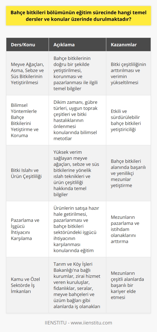 Bahçe Bitkileri Bölümü Temel Dersleri ve Konuları  Bahçe bitkileri bölümünde öğrencilere sunulan temel ders ve konular, meyve ağaçları, asma, sebze ve süs bitkilerinin yetiştirilmesi, korunması ve pazarlanması ile ilgilidir. Bu alanların doğru bir şekilde anlaşılması ve uygulanması, bitki çeşitliliğinin arttırılması ve verimin yükseltilmesi için gereklidir.  Bilimsel Yöntemlerle Bahçe Bitkilerini Yetiştirme ve Koruma  Bölümdeki öğrencilere kazandırılması amaçlanan temel bilgiler arasında, bilimsel metotlara dayalı bahçe bitkileri yetiştiriciliği bulunur. Bu bağlamda, dikim zamanı, gübre türleri ve ürünler için uygun toprak çeşitleri üzerinde durulmaktadır. Çeşitli bitki hastalıkları hakkında bilgi sahibi olmak ve bu hastalıkların önlenmesi konusunda uygulanabilecek yöntemleri öğrenmek de önem arz eder.  Bitki Islahı ve Ürün Çeşitliliği  Bahçe bitkileri bölümünde öğretilen önemli konulardan biri de bitki ıslahı ile ilgilidir. Öğrencilere, yüksek verim sağlayan meyve ağaçları ve sebze-süs bitkilerine yönelik ıslah teknikleri aktarılır. Bunun yanı sıra, ürün çeşitliliği hakkında temel bilgiler sağlanarak mezunların bu alanda başarılı olmaları hedeflenir.  Pazarlama ve İşgücü İhtiyacını Karşılama  Bahçe bitkileri bölümünde öğrencilere pazarlama alanındaki gerekli eğitim de verilmektedir. Bu sayede mezunlar, yetiştirilen ürünlerin satışa hazır hale getirilmesi ve pazarlanması süreçlerinde etkin rol alabilecek bilgi ve becerilere sahip olurlar. Ayrıca, bahçe bitkileri için ortaya çıkan işgücü ihtiyacını gidermek amacıyla böyle bir bölüm kurulmuştur ve mezunlarına geniş bir iş alanı sunar.  Kamu ve Özel Sektörde İş İmkanları  Bahçe bitkileri bölümünden mezun olanlar, kamu ve özel sektörde önemli iş imkanlarına sahip olurlar. Tarım ve Köy işleri Bakanlığına bağlı kurumlarda görev alabilirler. Bunun dışında zirai konularda hizmet veren kurumlarda; fidanlık, sera, meyve bahçeleri, üzüm bağları gibi alanlarda istihdam olanakları bulunmaktadır.  Sonuç olarak, bahçe bitkileri bölümünde öğrencilere temel ders ve konular üzerinde durmak, yetiştiricilik ve koruma süreçlerinin yanı sıra ürün çeşitliliği, hasat edilme ve müşteriye ulaştırılmasına kadar olan aşamalarını kavramalarını sağlar. Bu sayede, mezunlar çeşitli alanlarda başarılı olarak iş imkanlarına sahip olurlar ve bahçe bitkileri sektöründe etkili bir işgücü olarak yerini alır.