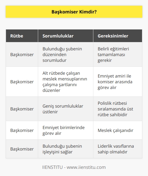 Emniyet birimlerinde görev alan, bulunduğu şubenin düzeninden sorumlu olan, alt rütbede çalışan meslek mensuplarının çalışma şartlarına kadar oldukça geniş sorumluluklar üstelenen üst rütbe sahibi meslek çalışanlarına başkomiser denir. Polislik rütbesi sıralamasında Emniyet amiri ile komiser arasında görev alan kişidir. Bu alanda çalışmak için öncelikle belli başlı eğitimleri tamamlaması gerekir.