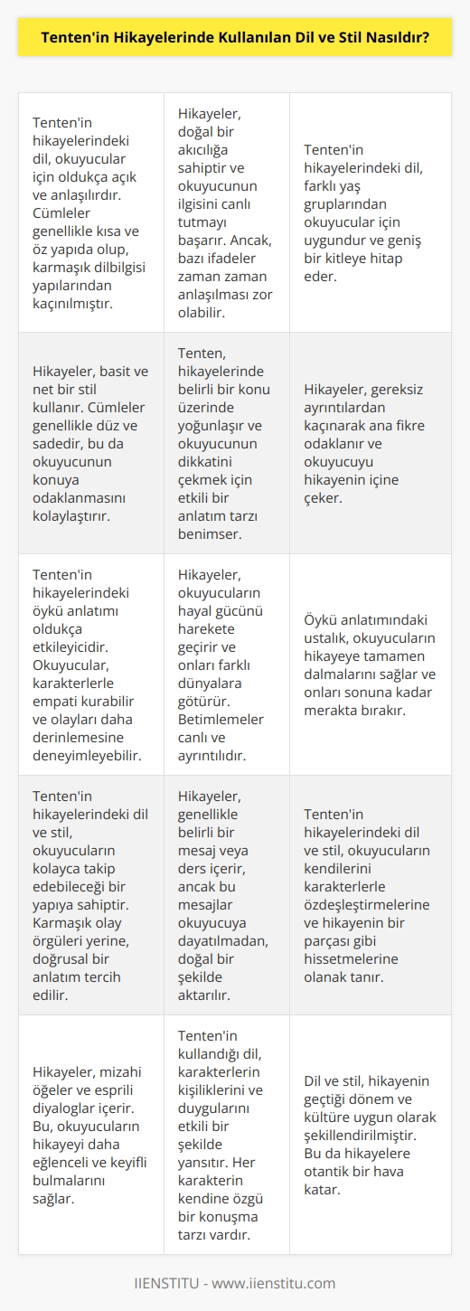 Tentenin Hikayelerinde kullanılan dil ve stil oldukça açık ve kolay anlaşılırdır. Hikayelerin dilinde doğal bir akıcılık vardır, ancak dili kullanımı sık sık çok anlaşılır olmayan ifadeler içerir. Hikayelerin stili ise oldukça basit ve nettir. Tenten tarafından kullanılan temel stil, konu üzerinde odaklanmak ve okuyucunun dikkatini çekmek için kullanılan düz ve sade cümlelerdir. Aynı zamanda, hikayelerde kullanılan öykü anlatımı da oldukça etkileyicidir ve okuyucuyu konuya daha derinlemesine girmelerine izin verir.