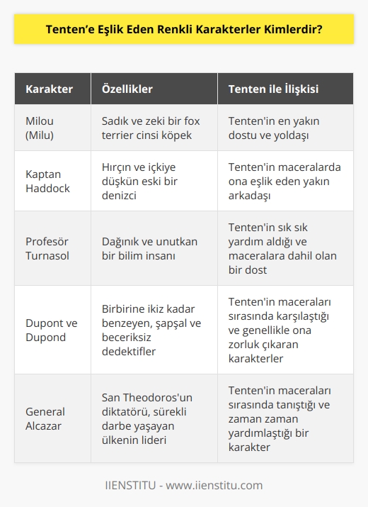 Köğepi Milou roman kapaklarında da yer alır. Tenten’in yakın arkadaşı Kaptan Haddock, deli dolu bir tip olan Profesör Turnasol. İkiz ol  ar da ikizmiş gibi davranan şaşkın dedektifler Dupont ve Dupond.