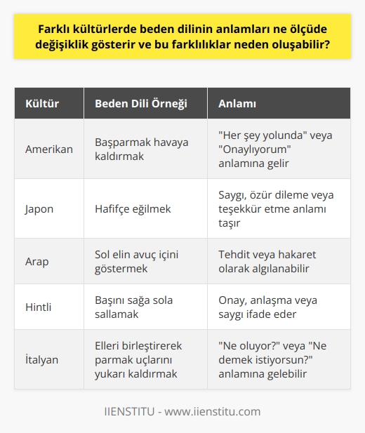 Beden Dilinin Kültürel Farklılıkları   Dilin sözsüz haline beden dili denir ve bu dili anlama yeteneği, kültürler arası iletişimde büyük önem taşır. Farklı kültürel grupların beden dilinde anlamlı farklılıklar bulunmaktadır. Bu farklılıklar, genellikle sosyal normların, değerlerin ve tutumların çok çeşitli olduğu alanlarda ortaya çıkar.  Kültürel Ayrılıkların Kaynakları   Farklı kültürler beden diline farklı anlamlar yüklerler çünkü her kültürün kendi sosyal ve tarihsel bağlamı vardır. Bu durum, insanların kısmen kültürlerinden gelen öğreti ve değerler tarafından şekillendirildiği düşünülürse mantıklıdır.   Ayrıca, düşünme biçimleri ve anlamlandırma yetenekleri de kültürden kültüre çeşitlilik gösterir. Dahası, farklı kültürlerde standart olarak kabul edilen sosyal ve duygusal ifadeler bile önemli ölçüde değişebilir. Her kültür, beden dili kullanımı konusunda kendine özgü bir anlayış geliştirmiştir.  Farklı Algılama Biçimleri   Beden dilini kullanma biçimi, bazen doğrudan kültürel beklentilere, normlara ve rol tanımlarına bağlı olabilir. Ancak, bu unsurların her biri, belirli bir kültürün beden dilini ve anlamlarını nasıl değerlendirdiğini ve yorumladığını belirler.  Sonuç   Beden dili, dil ve kültür arasındaki ilişkiyi yansıtır ve her kültür tarafından farklı şekillerde anlaşılır ve yorumlanır. Bu geniş kontekst çerçevesinde, beden dilini anlama kabiliyetimiz, etkili bir kültürler arası iletişim için önemli bir faktördür. Farklı kültürlerde beden dilinin değişik anlamlara gelebileceğini anlamak, özellikle yabancı bir dil konuşanlarla iletişim kurarken önemli bir açılım sağlar. Bu bilgi kültürler arası anlayışı ve hoşgörüyü arttırabilir. Bu, önemsenmeli ve daha fazla dikkat edilmesi gereken bir durumdur.