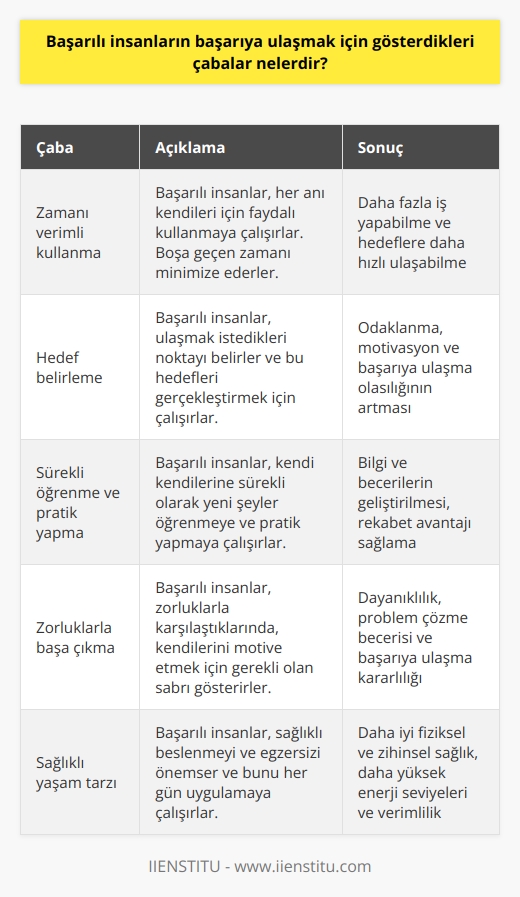Başarılı insanlar, her anı kendileri için faydalı kullanmaya çalışırlar. Hedeflerini belirlerler ve bunları gerçekleştirmek için çalışırlar. Kendi kendilerine sürekli olarak yeni şeyler öğrenmeye ve pratik yapmaya çalışırlar. Hayallerinin peşinden giderken, başarıya yaklaşmak için çabalarını tüm gücüyle harcarlar. Zorluklarla karşılaştıklarında, kendilerini motive etmek için gerekli olan sabrı gösterirler. Güçlü bir çevre oluştururlar, kendi aralarında ve dışarıdaki insanlar arasında iyi ilişkiler kurarlar.   ini takip ederler ve bu rutinleri takip etmek için çaba gösterirler. Sağlıklı beslenmeyi ve egzersizi önemserler ve bunu her gün uygulamaya çalışırlar. Son olarak, başarıya ulaşmak için fırsatlarını değerlendirmek için çabalarlar.