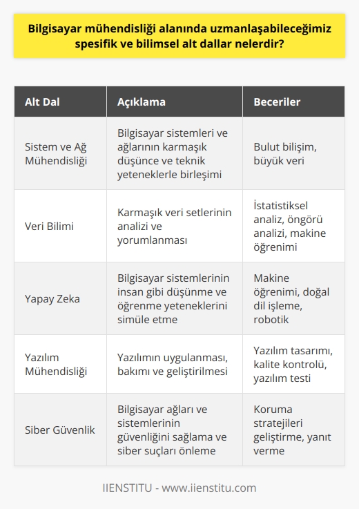 Bilgisayar mühendisliği alanında uzmanlaşabileceğiniz birçok bilimsel alt dal mevcuttur. Bu alt dallardan bazıları; sistem ve   , veri bilimi, yapay zeka, yazılım mühendisliği, siber güvenlik, gömülü sistemler, ve oyun tasarımıdır.  Sistem ve , bilgisayar sistemlerinin ve ağlarının nasıl çalıştığına dair karmaşık düşünce ile teknik yeteneklerin birleşimidir. Bu alan, özellikle bulut bilişim ve büyük veri gibi konuların öneminin artmasıyla giderek daha önemli hale gelmiştir.  Veri bilimi ise karmaşık veri setlerinin analizini ve yorumlanmasını içerir. Veri bilimleri uzmanları genellikle istatistiksel analiz, öngörü analizi ve    gibi teknikleri kullanır ve bu daldaki mühendisler bilgisayar mühendisliği ve matematikte sağlam bir arka plana sahip olmalıdır.  Yapay zeka (YZ), bilgisayar sistemlerinin insan gibi düşünme ve öğrenme yeteneklerini simüle etmeye odaklanır. YZ alanında çalışan mühendisler, , dil işleme ve robotik üzerine odaklanır.  Yazılım mühendisliği, yazılımın uygulanmasını, bakımını ve geliştirilmesini içerir. Bu alandaki mühendisler, genellikle yazılım tasarımı, kalite kontrolü ve yazılım testi gibi konular üzerinde yoğunlaşır.  Siber güvenlik, bilgisayar ağları ve sistemlerinin güvenliğini sağlar ve siber suçları önler. Bu alanda uzmanlaşmış mühendisler, bilgisayar sistemlerinin ve ağlarının korunması ve yanıt verme stratejileri geliştirme üzerinde çalışmış olmalıdır.  Gömülü sistemler, tıbbi cihazlardan otomobillere, hava durumu istasyonlarından endüstriyel kontrol sistemlerine kadar geniş bir yelpazede cihazların ve sistemlerin tasarımı ve geliştirilmesiyle ilgilidir.  Oyun tasarımı da popüler bir alt alanıdır ve bu alana odaklanan mühendisler genelliklementümörlerden, grafik tasarımından ve   ndan anlamaktadır.   Ayrıca, belirli alanlarda uzmanlaşmış mühendisler genellikle daha fazla kazanç, daha fazla kariyer seçeneği ve daha büyük bir iş memnuniyeti elde etme olasılıkları daha yüksektir. Bilgisayar mühendisliği alanında uzmanlaşacak bir alt dal seçerken, hem ilgi alanlarınızı hem de mevcut ve gelecekteki iş piyasası trendlerini dikkate almanız önemlidir.