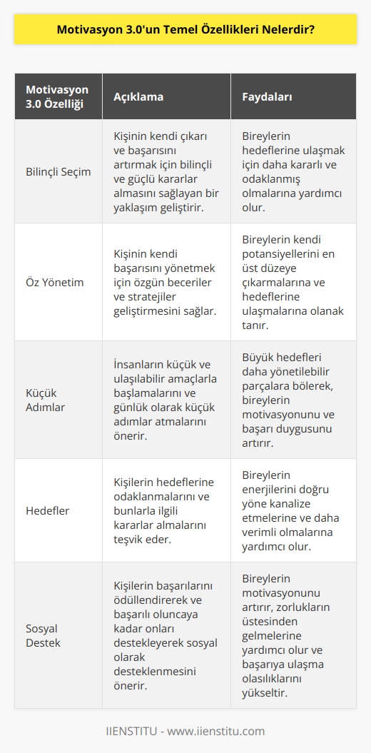 1. Bilinçli Seçim: Motivasyon 3.0, kişinin kendi çıkarı ve başarısını artırmak için bilinçli ve güçlü kararlar almasını sağlayan bir yaklaşım geliştirmektedir.   2. Öz Yönetim: Motivasyon 3.0, kişinin kendi başarısını yönetmek için özgün beceriler ve stratejiler geliştirmesini sağlar.   3. Küçük Adımlar: Motivasyon 3.0, insanların küçük ve ulaşılabilir amaçlarla başlamalarını ve günlük olarak küçük adımlar atmalarını önermektedir.   4. Hedefler: Motivasyon 3.0, kişilerin hedeflerine odaklanmalarını ve bunlarla ilgili kararlar almalarını teşvik etmektedir.   5. Hedef Odaklı Ödüllendirme: Motivasyon 3.0, kişinin başarılarının belirli hedeflere ulaşmak için ödüllendirilmesini teşvik etmektedir.   6. Sosyal Destek: Motivasyon 3.0, kişilerin başarılarını ödüllendirerek ve başarılı oluncaya kadar onları destekleyerek sosyal olarak desteklenmesini önermektedir.   7. Gelecek-Odaklı Düşünme: Motivasyon 3.0, kişinin kendi başarısı hakkında gelecekteki potansiyeline odaklanmasını ve onu yönetmeyi önermektedir.