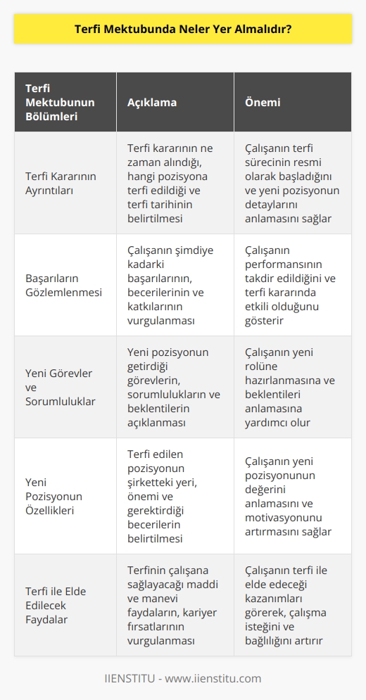 1. Terfi hakkında konuşulan kararın ayrıntıları. 2. Başarılarının gözlemlenmesi. 3. Yeni görevleri ve sorumlulukları. 4. Yeni pozisyonun özellikleri. 5. Terfisi ile elde edecekleri faydalar. 6. İş arkadaşlarına ve yöneticilerine teşekkür notu. 7. Terfiyi takiben gelecekteki hedefler. 8. İmzalar ve tarihler.
