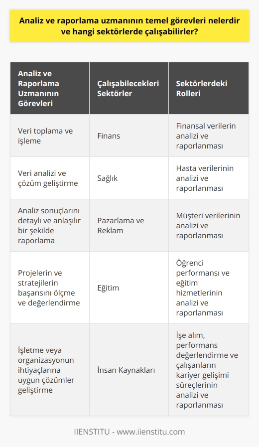 Analiz ve Raporlama Uzmanının Temel Görevleri  Analiz ve raporlama uzmanı, işletmelerin veya organizasyonların veri analizi, değerlendirme ve raporlama süreçlerini yöneten bir profesyoneldir. Temel görevlerinden bazıları şunlardır:  1. Veri Toplama ve İşleme: Analiz ve raporlama uzmanı, farklı kaynaklardan topladığı verileri işleyerek, kullanılabilir ve anlamlı hale getirmelidir.  2. Veri Analizi: Uzman, toplanan verileri analiz ederek, işletmenin veya organizasyonun ihtiyaçlarına uygun çözümler ve stratejiler geliştirmelidir.  3. Raporlama: Analiz ve raporlama uzmanı, analiz sonuçlarını detaylı ve anlaşılır bir şekilde rapor ederek, yöneticilere sunmalıdır.  4. Başarı Ölçümü: Uzman, gerçekleştirilen projeler ve uygulanan stratejilerin başarısını ölçebilmek için sonuçları değerlendirmeli ve takip etmelidir.  Analiz ve Raporlama Uzmanlarının Çalışabileceği Sektörler   Bir analiz ve raporlama uzmanı, farklı sektörlerde çalışabilecek geniş bir uzmanlık alanına sahiptir. Bunlardan bazıları şunlardır:  1. Finans: Bankalar, sigorta şirketleri ve yatırım kuruluşlarında, finansal    ve raporlanması için analiz ve raporlama uzmanlarına ihtiyaç duyulmaktadır.  2. Sağlık: Hastaneler, sağlık hizmetleri sağlayıcıları ve ilaç şirketleri, hasta verilerinin analizi ve raporlanması için bu alandaki uzmanlara ihtiyaç duyarlar.  3. Pazarlama ve Reklam: Pazarlama ve reklam alanındaki şirketler, müşteri verilerinin analizi ve raporlanması için analiz ve raporlama uzmanlarına başvurabilir.  4. Eğitim: Üniversiteler, okullar ve eğitim kurumları, öğrenci performansı ve eğitim hizmetlerinin analizi ve raporlanması için bu uzmanlardan yararlanmaktadır.  5. İnsan Kaynakları: İşe alım, performans değerlendirme ve çalışanların kariyer gelişimi gibi konulara odaklanan   , analiz ve raporlama uzmanları ile çalışır.  Sonuç olarak, analiz ve raporlama uzmanları iş dünyasının önemli bir parçasıdır ve farklı sektörlerde çalışarak, işletme verilerinin analizi ve raporlanması süreçlerine katkıda bulunmaktadır.
