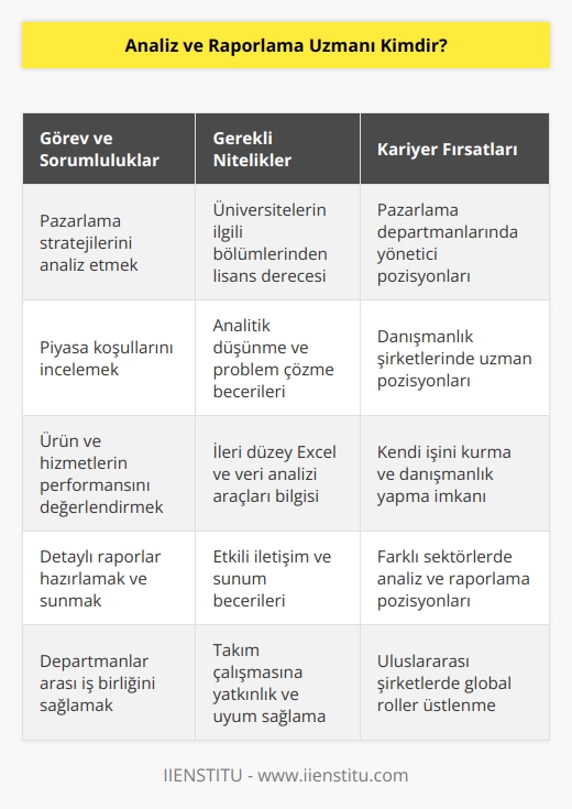 Analiz ve raporlama uzmanı, yer aldığı sektörde pazarlama stratejilerini,   ni, piyasa koşullarını incelemekten sorumlu olan kişidir. Yaptığı araştırmalara göre ilgi duyulan ürün ve hizmetleri analiz eder ve artışları değerlendirmeye yönelik raporlama yapar. Bu alanda çalışmak isteyen kişilerden üniversitelerin ilgili bölümlerinden lisans seviyesinde mezuniyet şartı aranır.