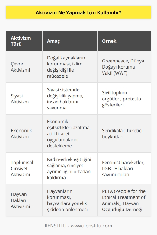 Aktivizm, insanların toplumsal değişiklikleri sağlamak için çabalamalarını anlatmak için kullanılır. Aktivizm, bireylerin veya grupların, çevre, politika, ekonomi, toplumsal cinsiyet, eşitlik, çevre gibi konularda seslerini duyurmak ve toplumsal değişiklikler sağlamak için güçlü aksiyonlar almalarını sağlamak için kullanılır. Aktivizm, insanların haklarını korumak, güçleri eşitlemek veya toplumsal cinsiyet eşitsizliğini ortadan kaldırmak gibi çeşitli amaçları içerir.