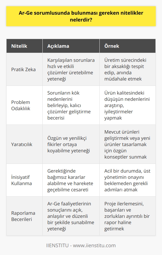 Pratik zeka ile problem odaklı olmalıdır, yaratıcı fikirler geliştirebilmelidir. İnisiyatif kullanabilmeli   li ve   i güçlü olmalıdır. Raporlama faaliyetlerini yapabilecek yetenekte olmalıdır.