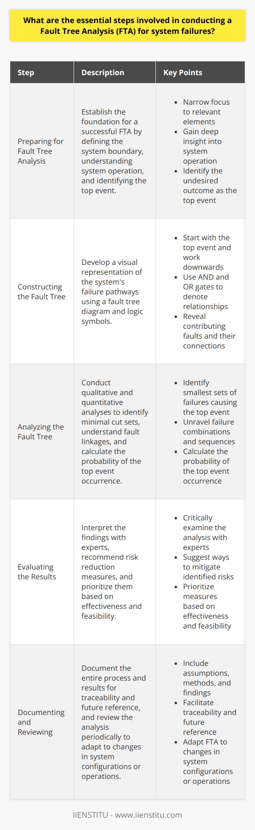 Introduction to Fault Tree Analysis Fault Tree Analysis (FTA) constitutes a methodical and deductive tool. It serves to analyze system reliability and safety. FTA mainly investigates high-level failures. Experts apply it in various fields, from engineering to safety evaluations. Preparing for Fault Tree Analysis Define the system boundary.  It narrows the focus to relevant elements only.  Understand system operation  thoroughly. This deepens insight for accurate FTA application.  Identify the top event  as the starting point of the analysis. This event typically symbolizes a system failure or undesired outcome.  Constructing the Fault Tree Develop a fault tree diagram . Use it to visualize the systems failure pathways. The diagram starts with a single top event. You then work downwards to reveal contributing faults.  Use logic symbols  to denote the relationships between events. Common symbols include AND and OR gates. Analyzing the Fault Tree Identify minimal cut sets . These are smallest sets of failures that cause the top event.  Perform qualitative analysis  to understand fault linkages. This step unravels failure combinations and sequences.  Conduct quantitative analysis  if needed. It calculates the probability of the top event occurrence. Evaluating the Results Interpret the findings  with experts. This should involve a critical examination of the analysis.  Recommend risk reduction measures . It implies suggesting ways to mitigate identified risks. Prioritize these measures based on their effectiveness and feasibility.  Documenting and Reviewing Document the entire process and results . It facilitates traceability and future reference. Ensure to include assumptions, methods, and findings.  Review the analysis periodically . It adapts the FTA to changes in system configurations or operations. Conclusion Successful FTA implementation requires precision, attention to detail, and critical thinking. It offers invaluable insight into potential failure modes. FTA paves the way for enhancing system resilience and safety. Regular reviews ensure the FTA remains relevant and effective.