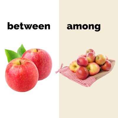 Bu görsel, "between" ve "among" kavramlarının farkını göstermektedir. Sol tarafta iki elma arasındaki ilişkiyi ifade eden "between" kelimesi yer alırken, sağ tarafta bir grup elmanın oluşturduğu topluluk için "among" kelimesi kullanılmıştır. Görsel, iki nesne ve bir grup arasındaki ilişkiyi açıkça vurgulamaktadır.