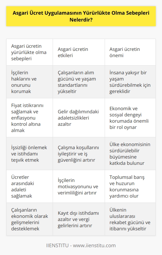 1. İşgücünün haklarının korunması ve insan onurunun korunması için.  2. İnsanların yaşamlarını ve geçimlerini sağlıklı bir şekilde sürdürebilmelerini sağlamak.  3. Fiyat istikrarını sağlamak ve alım gücünü koruyabilmek.  4. Ücretler arasındaki adaleti sağlamak ve çalışanların ekonomik olarak gelişmelerini desteklemek.  5. İşsizliği önlemek ve çalışma koşullarını iyileştirmek.  6. İşçilerin yaşam standardını ve yaşam kalitesini arttırmak.  7. Ülke ekonomilerinin gelişmesine katkıda bulunmak.