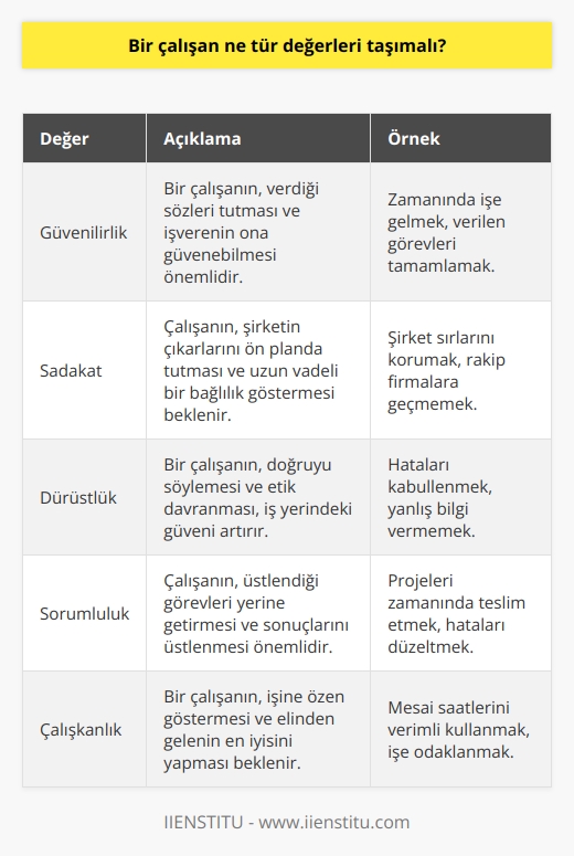Bir çalışan, güvenilirlik, sadakat, dürüstlük, sorumluluk, çalışkanlık, iletişim becerileri, takım çalışması, özgüven ve disiplin gibi değerleri taşımalıdır.