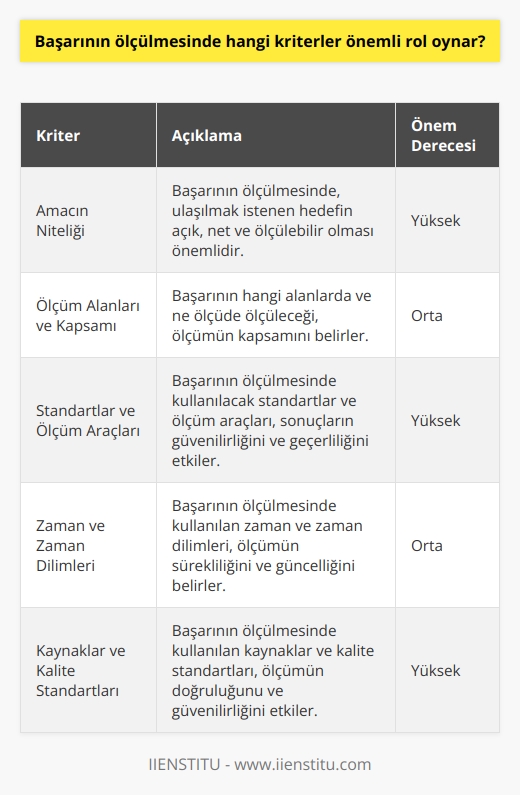 Başarının ölçülmesinde önemli kriterler arasında başarıya ulaşılan amacın niteliği, başarının ölçüleceği alanlar ve ölçümün kapsamı, başarının ölçülmesinde kullanılacak standartlar ve ölçüm araçları, başarının ölçülmesinde kullanılan zaman ve zaman dilimleri, başarının ölçülmesinde kullanılan kaynaklar ve kalite standartları sayılabilir.