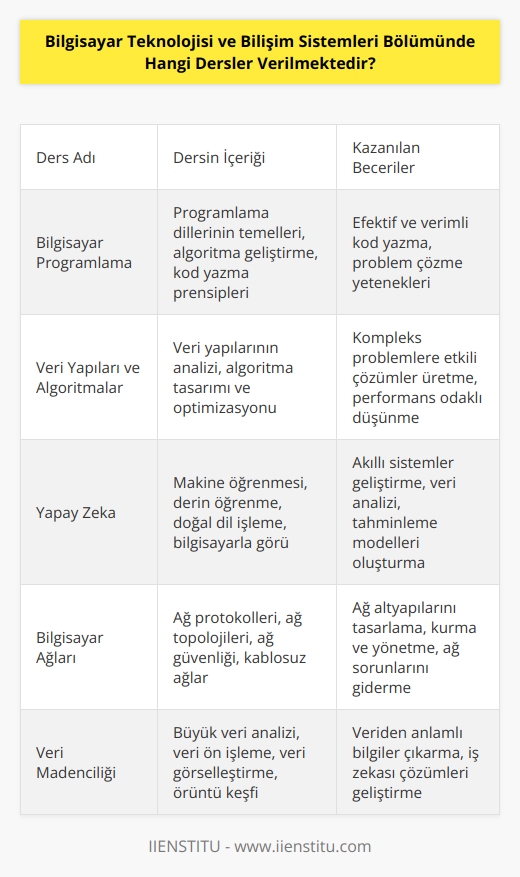 ve Bilişim Sistemleri Bölümünde verilen dersler şunlardır: • Bilgisayar Programlama • Veri Yapıları ve Algoritmalar • İşletim Sistemleri • Veri Tabanı Yönetimi • Ağ Teknolojileri •   • Görüntü İşleme • Bilgisayar Grafiği • İnternet Programlama • Bilgisayar Ağları • Dağıtık Sistemler • Bilgisayar Güvenliği • Veri Madenciliği • Yapay Zeka.