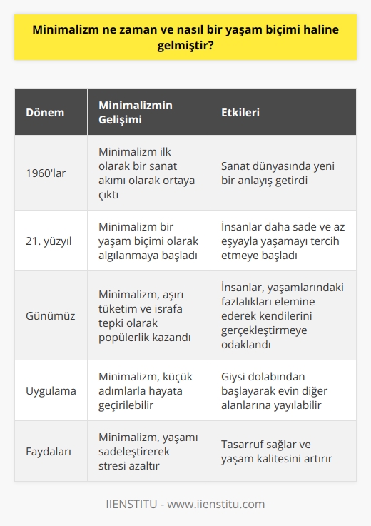 , ilk kez 1960larda adını duyuran bir sanat akımı olarak ortaya çıkmıştır. Ancak günümüzde bu akım sadece sanatın bir dalı olmaktan çıkmış, geniş bir anlam ifade eder hale gelmiştir. Hatta 21. yüzyılda bu kavramın bir yaşam biçimi olarak algılandığını söyleyebiliriz. Hayat daha sade ve nesnelere dayanan bir yaşam tarzını paylaşmaktadır. Elbette, bu saklandığı evler, eşyalar veya insanlardan sadece minimum anlamına gelmez.  bir hayat biçimine dönüşmüş ve sadece en önemli nesnelerle yaşayan bir dünya vatandaşı kavramını yaratmıştır. Birçok ünlü kişi ve zengin insan artık bu yaşam tarzını benimsemekte ve bu tasarruf edilen zamandan dolayı mütevazı bir hayat sürmektedir.  , insanların giderek daha fazla ürün ve   na tepkisi olarak ortaya çıkmıştır. Fazla tüketim, efsaneye dönüşen ve sonunda insanları mutsuz eden bir durum haline gelmiştir. , insanların yaşamlarındaki fazlalıklarla karşı karşıya geldiği, kendilerini değerlendirdiği ve daha az eşyayla daha çok yaşamaya karar vermeye başladığı bir noktadaydı. Bu, az daha çoktur veya az ve öz felsefesini benimseyen daha fazla insanın doğmasına yol açtı.  Elbette , hepsini çöpe atmak anlamına gelmiyor. Hepsinden önce,    tarzı hayatımızdan gereksiz fazlalıkları silmeyi hedefler. Bu sadeleştirme süreci aynı zamanda kişinin kendini tanımasına ve kendini gerçekleştirmesine yardımcı olur. Fazla tüketim, stres ve düzensizlikten doğan problemler ortadan kalkar. Bu durum, yaşam alanının düzenli, daha az stresli ve huzurlu hale gelmesini sağlar. Öyle ki, tasarruftan daha büyük bir avantaj haline gelir.  Öte yandan, minimalizm bir anda benimsenmesi zor bir yaşam tarzıdır. Bu yüzden uzmanlar küçük adımlarla başlamayı önerir. Mesela dolaptan kıyafetleri atmak yerine, giyecek kıyafetleri dikkatli bir şekilde seçmeye başlayabilirsiniz. Daha sonra, giymediğiniz kıyafetlerden yavaş yavaş kurtulabilirsiniz. Ardından, bu sadeleştirme sürecini evin diğer kısımlarına da uygulayabilirsiniz. Böylece minimalizmi yaşam tarzı olarak benimsemek daha kolay hale gelecektir.   Sonuçta, minimalizm giderek daha fazla insanın benimsediği bir yaşam biçimi haline gelmiştir. Bu yaşam tarzı, sade ve özenle seçilmiş nesnelerle yaşamayı hedefler ve insanların hayatlarını daha kaliteli hale getirir. Gerek tasarruftan gerekse yaşamın basitleştirilmesinden doğan faydalar sayesinde, bu yaşam tarzı giderek daha popüler hale gelmiştir.