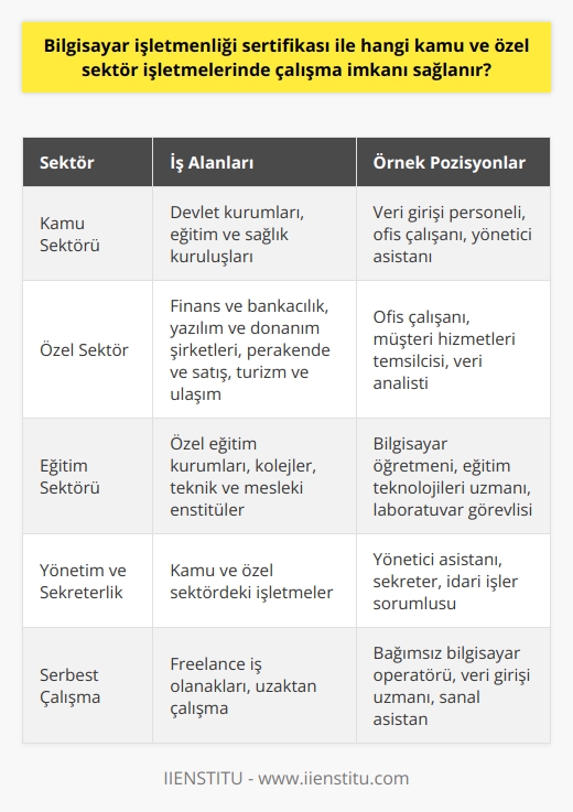 Bilgisayar İşletmenliği   sı ile Çalışabilecek İşletmeler     sı, vatandaşların bilgisayar kullanım becerilerini geliştiren ve belgeleyen nitelikli bir eğitim programıdır. Bu  sayesinde kamu ve özel sektör işletmelerinde, temel düzeyde bilgisayar kullanma yetkinliği sağlayarak çalışma imkanı sunmaktadır. Bu bağlamda,  sı ile hangi kamu ve özel sektör işletmelerinde çalışma imkanı sağlanır?  Kamu Ve Özel Sektör İş Olanakları   sına sahip kişiler, kamu ve özel sektörde büyük bir yelpazede iş bulabilirler. Örneğin, devlet kurumlarında, eğitim ve   nda, finans ve bankacılık sektöründe, yazılım ve donanım şirketlerinde,    ve satış ortamlarında, turizm ve ulaşım işletmelerinde çalışma olanağı bulunmaktadır.  Bilgisayar İşletmenliği   sı ile Öne Çıkan İş İmkanları  1. Veri Girişi ve Ofis İşlerinde Çalışma: Özellikle büyük ve küçük ölçekli özel sektör işletmeleri, lı bilgisayar işletmenlerini tercih eder. Oluşturulan raporlar, sunumlar ve statü takip işleri bu alanda yoğun talep yaratmaktadır.  2. Eğitim Alanında Kariyer: Bilgisayar işletmenliği sı ile öğrencilere veya yetişkinlere temel bilgisayar bilgisi ve kullanımı konusunda öğretim vermek mümkündür. Bu kapsamda özel eğitim kurumlarında, kolejlerde veya teknik ve mesleki enstitülerde çalışma fırsatı sağlanır.  3. Yönetici Asistanı ve Sekreterlik Görevleri: Kamu veya özel sektördeki işletmelerde yönetici asistanı ve sekreterlik görevlerinde tercih edilebilirlik artar. Özellikle   nı etkin kullanabilen adaylar, bu alanda iş bulma şansına sahip olabilirler.  Sonuç olarak, bilgisayar işletmenliği sı, sahiplerine giderek dijitalleşen dünyada, kamu ve özel sektörde pek çok iş alanında çalışabilme imkanı sunmaktadır. Bu eğitim, hem bireylerin istihdam şansını artırmakta hem de ülke ekonomisine katkı sağlamaktadır.