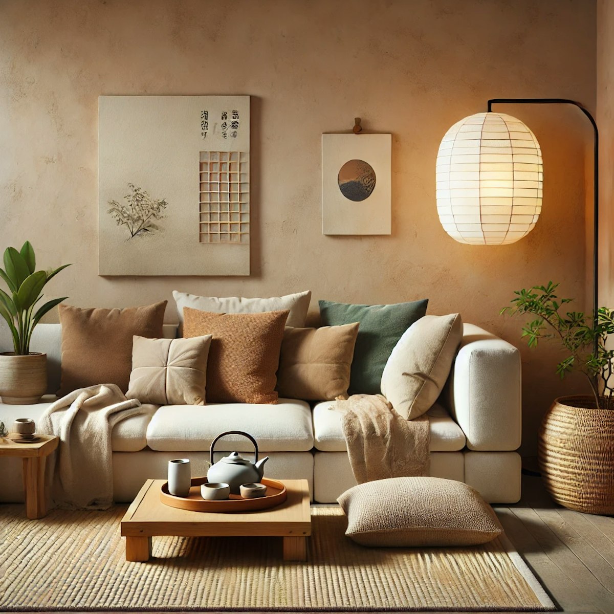 Another corner of the same cozy Korean-style living room, maintaining the same colors and atmosphere. This view features a comfortable low sofa with