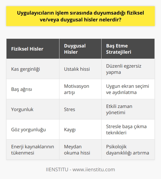 İşlem Sırasındaki Fiziksel Hisler  Öncelikle, uygulayıcıların işlem sırasında karşılaştığı fiziksel hislere odaklanarak analiz etmekte fayda vardır. İşlem esnasında yaşanan fiziksel hisler arasında kas gerginliği, baş ağrısı ve yorgunluk gibi unsurlar sayılabilir. Bu tür hisler, yoğun çalışma temposu ve vücuttaki enerji kaynaklarının tükenmesine bağlı olarak ortaya çıkabilir. Ayrıca, göz yorgunluğu da işlem sırasında sıkça rastlanan fiziksel bir meydan okumadır. Görsel   e konusunda uzun süreli dikkat ve konsantrasyon gerektiren görevlerde, uygulayıcılar gözlerini sürekli olarak ekranda tutmak zorunda olduğundan bu tür hislere maruz kalabilirler.  İşlem Sırasındaki Duygusal Hisler  Bir diğer unsur olarak, uygulayıcıların işlem sırasında yaşadığı duygusal hisler önemli bir yer tutmaktadır. İşlem sürecinde daha karmaşık duygularla karşılaşılması, etkili problem çözme ve başarıya ulaşmanın önemli psikolojikal yönlerindendir. Örnek olarak, uygulayıcıların işlem sırasında yaşadığı ustalık hissi, motivasyonlarını ve hedeflerine ulaşma hızlarını pozitif yönde etkileyebilir. Bununla birlikte, işlem sırasında stres ve kaygı gibi negatif duygular da uygulayıcıların genel başarılarını ve zindeliklerini etkileyebilir. İşlem sürecinde sürekli meydan okuma hissi yaşamak, uygulayıcıların psikolojik dayanıklılıklarını ve enerji düzeylerini azaltabilir.  Uygulayıcıların Baş Etme Stratejileri  İşlem sırasında yaşadıkları fiziksel ve duygusal hislerle başa çıkmak adına, uygulayıcılar birtakım yöntemler geliştirebilirler. Örneğin, kas gerginliği ve yorgunluğuyla başa çıkmak amacıyla düzenli olarak egzersiz yaparak vücutların enerji düzenini yeniden kazanabilirler. Ayrıca, işlem sürecinde yaşanan göz ve baş ağrılarını hafifletmek için, uygulayıcılar göz sağlığı için uygun ekran seçimleri ve yeterli aydınlık derecesine özen gösterebilirler. Duygusal yönden ise, stres ve kaygıyla başa çıkmak için zaman yönetimi ve etkili    benimsemek, işlem sürecinde yaşanan zorluklarla baş etmede yardımcı olabilir.