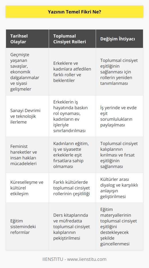 Yazının temel fikri, insanların tarihsel olayların bir sonucu olarak    oynadıklarını ve bunun toplumsal cinsiyet ayrımcılığının önüne geçmek için değiştirilmesi gerektiğini vurgulamaktır.