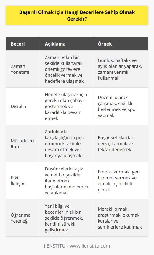 Başarılı olmak için birçok farklı beceriye sahip olmak gerekir. Bunlar arasında; zaman yönetimi, disiplin, mücadeleci ruh, özgüven, sorun çözme yeteneği, karar verme yeteneği, insanlarla etkileşim, liderlik, etkili iletişim, öğrenme yeteneği ve çözüm odaklı yaklaşım sayılabilir.