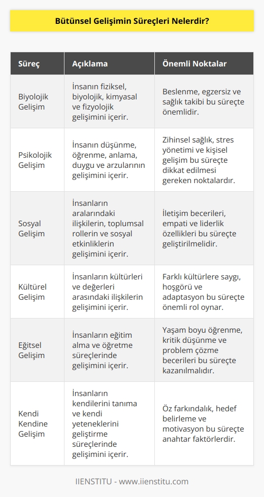 Bütünsel gelişimin süreçleri şunlardır:  1. Biyolojik Gelişim: Bu süreç, insanın fiziksel, biyolojik, kimyasal ve fizyolojik gelişimini içerir.  2. Psikolojik Gelişim: Bu süreç, insanın düşünme, öğrenme, anlama, duygu ve arzularının gelişimini içerir.  3. Sosyal Gelişim: Bu süreç, insanların aralarındaki ilişkilerin, toplumsal rollerin ve sosyal etkinliklerin gelişimini içerir.  4. Kültürel Gelişim: Bu süreç, insanların kültürleri ve değerleri arasındaki ilişkilerin gelişimini içerir.  5. Eğitsel Gelişim: Bu süreç, insanların eğitim alma ve öğretme süreçlerinde gelişimini içerir.  6. Kendi Kendine Gelişim: Bu süreç, insanların kendilerini tanıma ve kendi yeteneklerini geliştirme süreçlerinde gelişimini içerir.