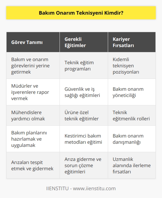 Bakım onarım teknisyeni, görev aldığı kurumda müdürleri ya da işvereni tarafından kendisine verilen bakım ve onarım görevlerini yürüten kişidir. Teknisyen aynı zamanda,   nün yardımcısı olarak görev alan bir ara eleman olarak geçmektedir. Bu alanda kariyer planı olan kişilerin bazı eğitimler almaları gerekir.