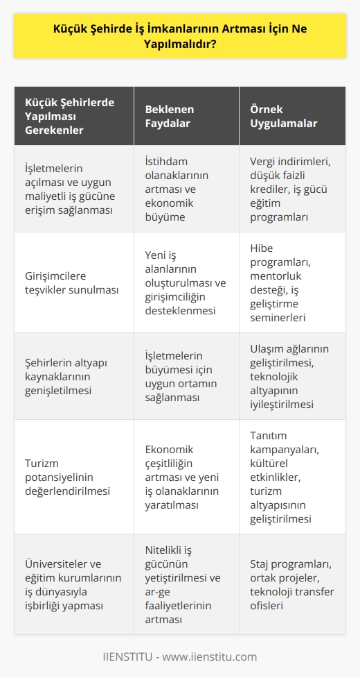 Küçük şehirlerin iş imkanlarının artması için öncelikle iş alanındaki üretimin artırılması gerekiyor. İşletmeler küçük şehirlerde açılmalı ve uygun maliyetli iş gücüne erişim sağlanmalı. Girişimcilerin küçük şehirlerde faaliyet göstermelerini sağlayacak teşvikler uygulanmalı. İşletmelerin iş imkanlarının artması için şehirlerinlik kaynaklarının genişletilmesi konusunda da çalışmalar yapılmalı. Küçük şehirlerin ekonomisine katkıda bulunmak için üretimin artırılması için, küçük şehirlerde yatırım ve yatırımcıların desteklenmesi gerekiyor. Şehirlerinin sahip olduğu özellikleri vurgulayarak, küçük şehirlerin turizm potansiyelini değerlendirmeleri sağlanmalı. Küçük şehirlerin ekonomik kalkınmaya katkıda bulunması için, üniversitelerin bu konuda çalışmalar yapması ve eğitim kurumlarının iş dünyasıyla işbirliği yapması önemlidir.