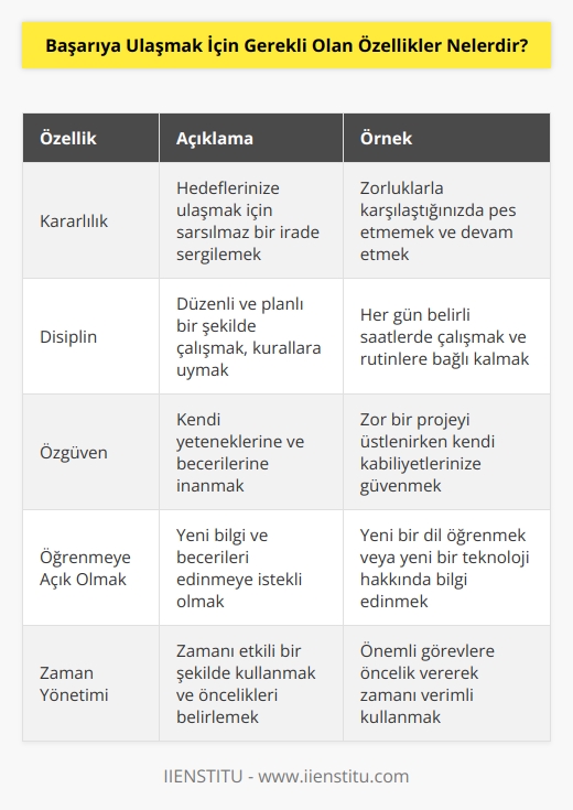 Başarıya ulaşmak için gerekli olan özellikler; kararlılık, disiplin, araştırma, özgüven, verimlilik, öğrenmeye açık olmak, problem çözme yeteneği, özgürlük, cesaret, zaman yönetimi,   , motivasyon ve dürüstlük.