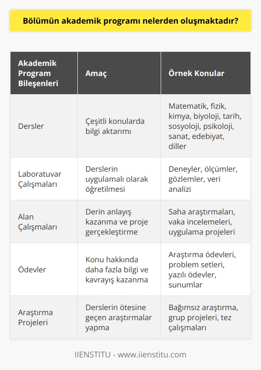 Akademik program genellikle dersler, laboratuvar çalışmaları, alan çalışmaları, ödevler, araştırma projeleri ve tüm bu etkinlikleri yönlendiren akademik kurallar ve standartlar içerir. Dersler aynı zamanda konularının çeşitli konulara yayılmasını da içerir, örneğin matematik, fizik, kimya, biyoloji, tarih, sosyoloji, psikoloji, sanat, edebiyat veya diller gibi. Laboratuvar çalışmaları akademik programın bir parçası olarak kullanılır ve öğrencilerin çalışmalarını ve dersleri uygulamalarını öğretmek için kullanılır. Alan çalışmaları genellikle öğrencilerin bir konu hakkında daha derin anlayış kazanmalarını veya konuyla ilgili bir proje gerçekleştirmelerini sağlamak için uygulanır. Ödevler akademik programın bir parçası olarak kullanılır ve öğrencilerin konu hakkında daha fazla bilgi ve kavrayış kazanmalarını sağlamak için kullanılır. Araştırma projeleri de öğrencilerin konular hakkında daha fazla araştırma yapmalarını ve derslerin öğretildiği konuların ötesine geçmelerini sağlamak için kullanılır. Akademik kurallar ve standartlar derslerin işlenmesi ve öğrencilerin öğrenme süreçlerinin kontrol altında tutulması için uygulanır.